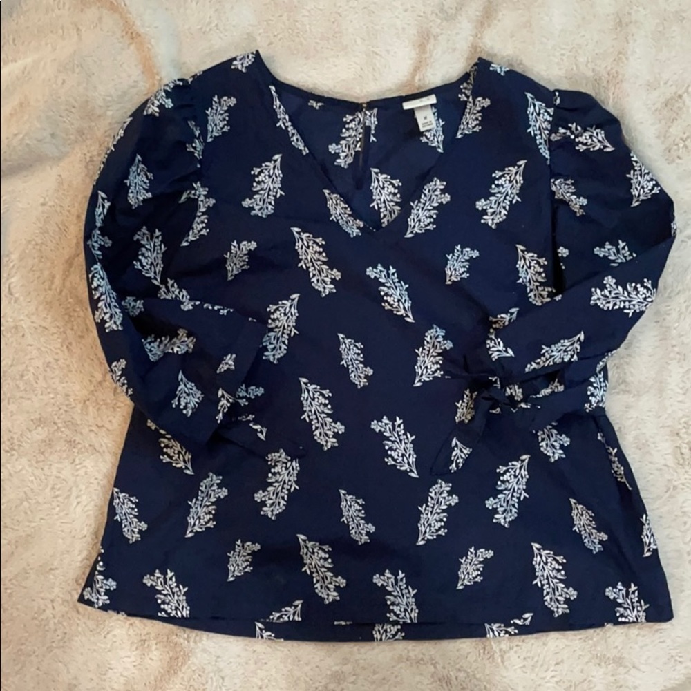 Navy and White Floral Tie Sleeve Blouse